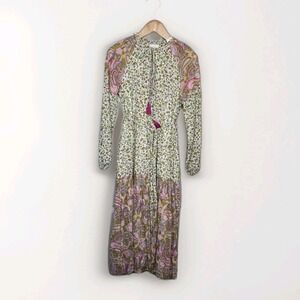 A Loves A Boho Floral Paisley Midi Dress Tassel Tie Long Sleeve Sz S Cottagecore